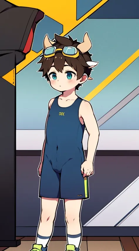 2D boy Shota，high cut swimsuit，standing，goggles，horns，cow ears，sports shoes