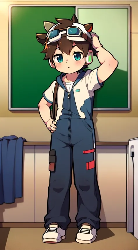 2D boy Shota，jumpsuit，Put the headphones on your head，standing，goggles，horns，cow ears，sports shoes，classroom，