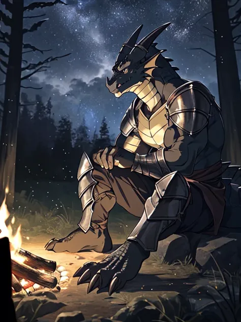 alone, Kanno, (dragon), Humanity, male, ((black body)), scales, Tail, muscle, Handsome, armor, middle Ages, fantasy, outdoor, external, dark, night, forest, campfire, camp, Star, sitting, toe claws, epic, depth of field, perfect lighting, (light particles)...