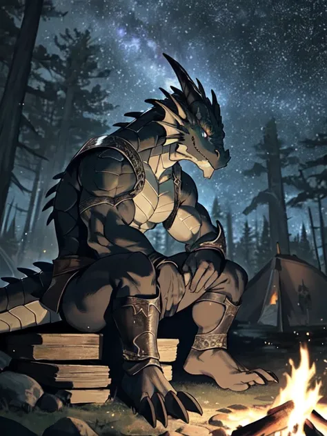 alone, Kanno, (dragon), Humanity, male, ((black body)), scales, Tail, muscle, Handsome, armor, middle Ages, fantasy, outdoor, external, dark, night, forest, campfire, camp, Star, sitting, toe claws, epic, depth of field, perfect lighting, (light particles)...