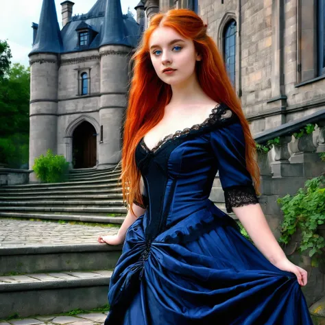 Portrait, best quality, Victorian style,
One girl, bright paint colors, young 20 years old, very beautiful, looking at the camera. A young woman stood on the steps of the main building. Long red hair, blue eyes, size 4 breasts, thin waist, athletic buttock...