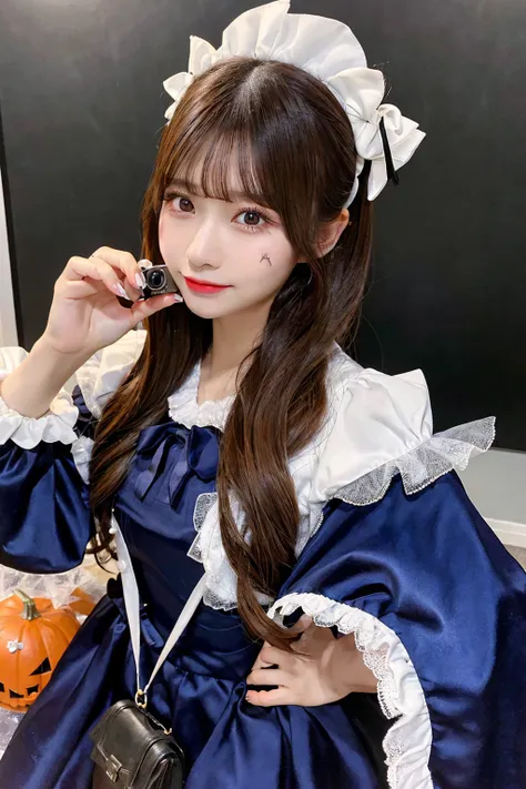 Halloween、Halloween Costumes、lolita、((highest quality、8K、masterpiece:1.3))、sharp focus:1.2、photo quality、japanese woman、solo、real looking skin、lifelike face、brown haired、camera、Full body Esbian、eyelash、tear bag、laughter、16 years old