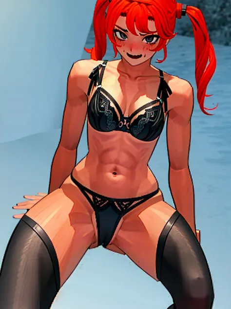 Twintail, red haired, 1girl, grey eyes, tall, well toned, well built, muscled, toned muscles, red highlights, pigtails, beach, bikini, black bikini, pov, sit, looks at the viewer, spread legs, blushing, sweating, (Jillin off:1.2), stockings, (ahego:1.5) ,A...