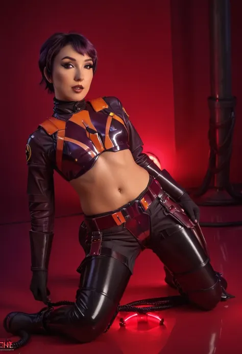 Portrait of one beautiful sabine wren wearing a skimpy outfit ,Slave Leia Outfit (cute face dutch lara), lying in tight latex Slave Leia Outfit,((bondage harness, seamless Latex)) seamless suit, dynamic pose, masterpiece,(background: Fetish ,red lights), p...