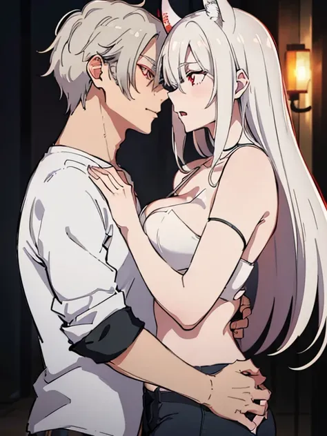 (best quality, highres, ultra-detailed:1.2), realistic, painting, detailed faces, couple, man demon horn pale skin, short white hair, red eyes, casual clothing, woman fox earl pale skin, long silver hair, red eyes, casual clothing, fox-like appearance