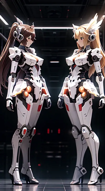 masterpiece,
 high quality,
 Two Robot Girls,
 full body shot,
 duo,
 Both are machines except for their faces.,
 金colorの内部骨格剥き出し,
 neither of them are wearing clothes,
 Both of them have skeletal bodies from the neck down.,
 brown hair,
 blonde hair,
 cur...