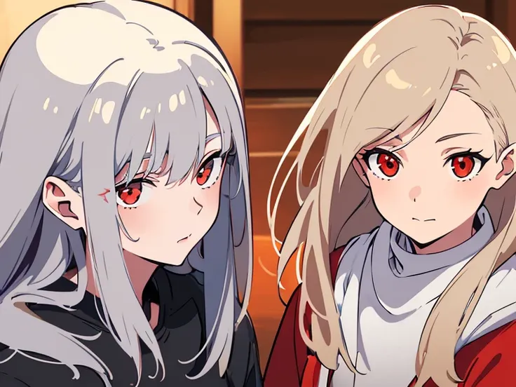 (best quality, highres, ultra-detailed:1.2), realistic, painting, detailed faces, couple, man Fox earl  pale skin, short white hair, red eyes, casual clothing, woman fox earl pale skin, long silver hair, red eyes, casual clothing, fox-like appearance