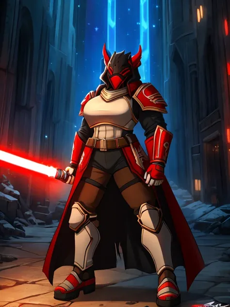 Star Wars Sith model, a man, zabrak race, mask ornamented with white and red, mask eyes closed, 2 red kyber crystals on the mask, small and worn horns, black torn overcoat, 1 red and blue lightsaber in each hand, dark and red and blue aura around the chara...