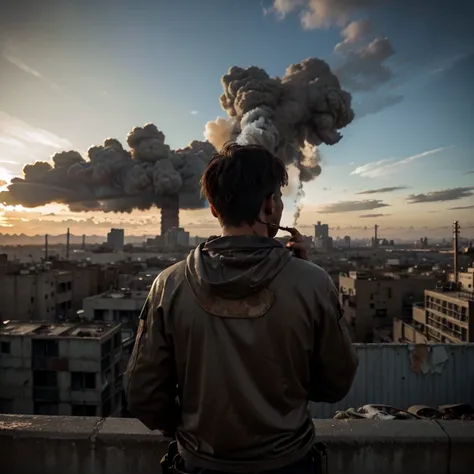 A man from the back smoking a joint in front of a post apocalyptic city with the look of a anime 