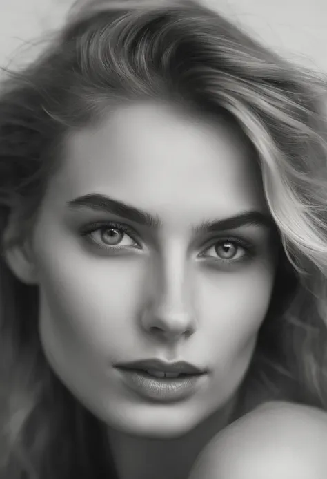 Créer un portrait réaliste dune jeune femme blonde de 20 ans aux traits scandinave, lui donnner une apparence froide et une machoire carré faire quelle soi tres tres belle . She has a straight and pointed nose., deep, captivating green eyes drawn upward li...