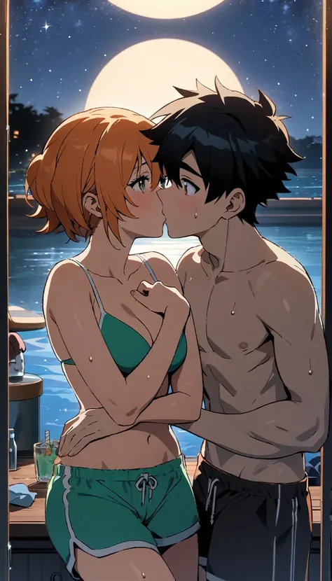 black hair, short hair, brown eyes, hair between eyes, ash ketchum, sweat shorts, shirtless misty pokémon, orange hair, green eyes, side ponytail, green bikini, masterpiece, sun overhead, photograph of beautiful 18 year old couple, inside a beach house at ...