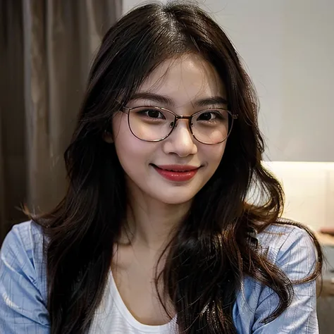 Create a photorealistic image. A portrait of a pretty 30 year old Malaysian woman. She has long hair and is wearing glasses. She is smiling.