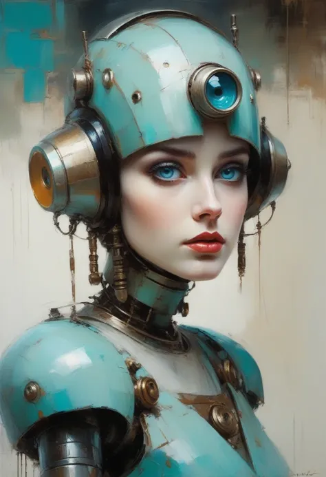 Full length view. Little funny robot, porcelain face and head, big turquoise eyes, perfect eyes, top quality style. A beautiful cinematic impressionistic picture, a dark dramatic character, in the style of Jeremy Mann and Charles Dana Gibson, Mark Demstede...