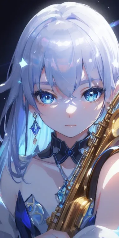 masterpiece, best quality, illustration, saxophone blue, platinum earrings, platinum necklace, white dress, 1 girl, Lovely, (dynamic lighting:1.2), movie lighting, Exquisite facial features, delicate eyes, sharp pupils, realistic student, depth of field, B...