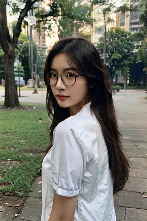 Create a photorealistic image. A picture of a pretty 30 year old Malaysian woman. She has long hair and is wearing glasses. She is standing in a park.