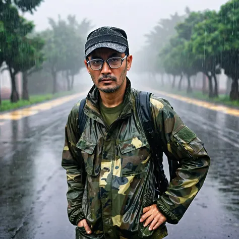 A 40-year-old man, looking at the camera, wearing a camouflage army jacket, camouflage army pants, army lace-up boots, a black knitted cap on his head and army shooting glasses, his clothes were wet.
rain, fog, deserted street, deserted road, noir.