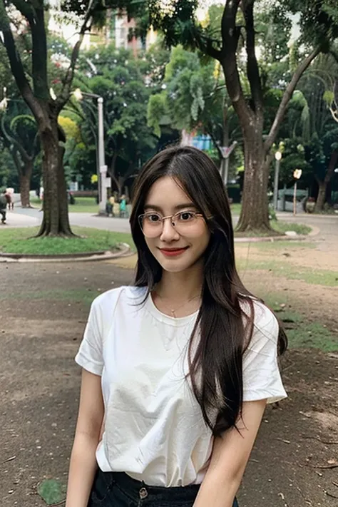 Create a photorealistic image. A picture of a pretty 30 year old Malaysian woman. She has long hair and is wearing glasses. She is standing in a park and smiling.