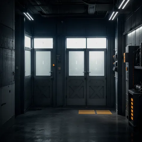 the call of duty armory is a dark room with white lights and not windows, there are weapon cases and military boxes in blue orange or yellow colors