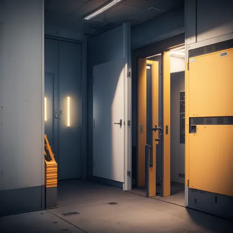 the call of duty armory is a dark room with white lights and not windows, there are weapon cases and military boxes in blue orange or yellow colors