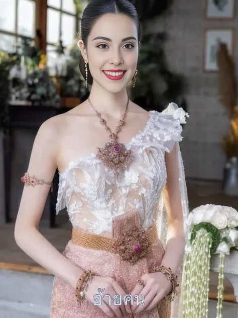 A woman in a dress poses for a photo with a bouquet of flowers., Wear elegant clothes, Niwan Chandra, Sukhothai set, Intricate fantasy dress, Photo of a handmade jewelry model, Dilraba Dilmurat, Wear a dress made of beads, traditional beauty, According to ...