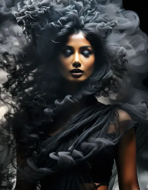 A women, age around 25 to 29, black net sari, background lightening, velvet texture, black smoke from behind, with white lighting, insanely beautiful pretty beautiful, natural beauty