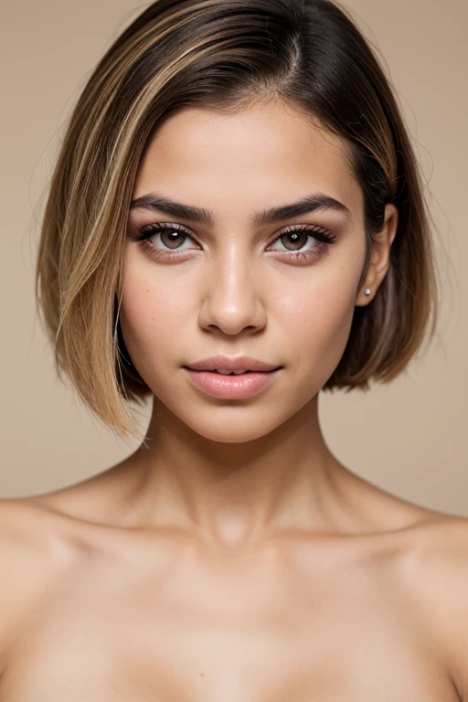 full face portrait photo, nude woman, short cropped style haircut, blonde, 25 years old, 50% African-American, 25% Egyptian, 25% Iranian, plain neutral background, no shadows, uniform lighting, no beard, no facial hair, no shadows, even lighting, ring ligh...