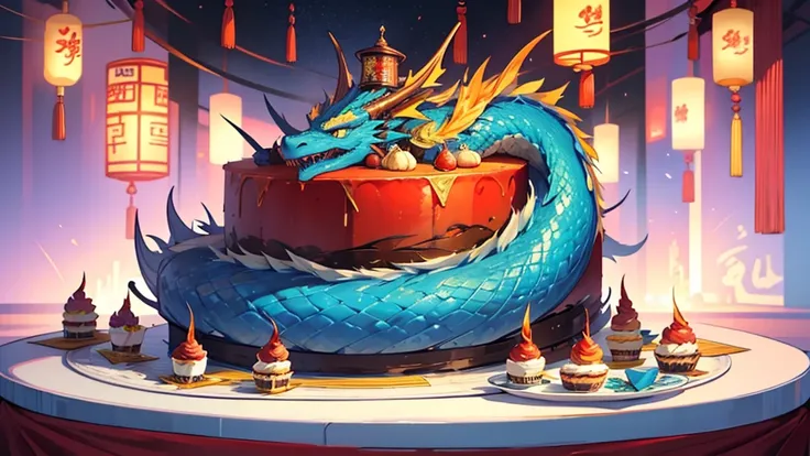 Chinese Cake, unusual cake, multi-tiered cake, Huge cake, cake with incredible decorations, cake with a huge dragon, flames, aggressive cake, bright cake, without people