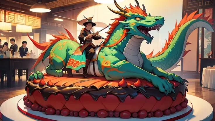 Chinese Cake, unusual cake, multi-tiered cake, Huge cake, cake with incredible decorations, cake with a huge dragon, flames, aggressive cake, bright cake, without people