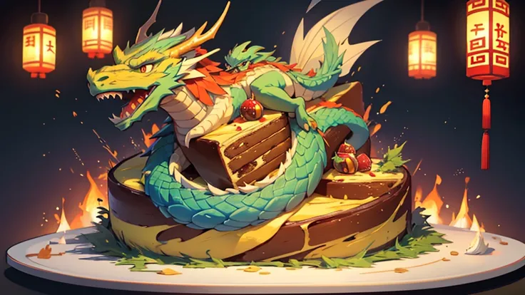 Chinese Cake, unusual cake, multi-tiered cake, Huge cake, cake with incredible decorations, cake with a huge dragon, flames, aggressive cake, bright cake, without people