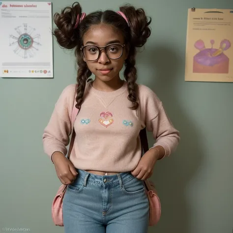 Sure! Heres a description of a cartoon girl character with brown skin and wearing glasses:

Name: Maya

1. **Appearance:** Maya is a bubbly and intelligent young girl with warm brown skin. She has big, expressive eyes behind her round glasses, which she we...