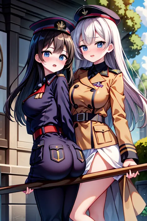 2 ragazze diverse viste da dietro,ass support,guardandole da dietro,grande culo,grandi tette,felice di stare con te,enorme culo,enormi tette,ultra-highres, ultra-detailed, best quality,perfect hands,2 ragazze,holding stick,WW1 uniform,trench