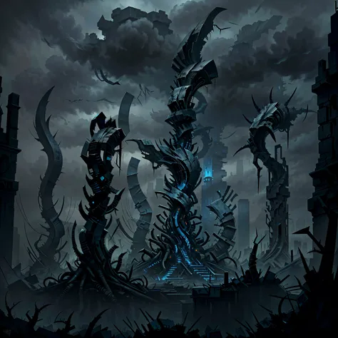 A painting of a city surrounded by horrible monuments and horror sculptures with thorns. The city is dark and gloomy, and there are no lights or people in sight. There are monuments and sculptures with sharp teeth and a long tail stands in the middle of th...