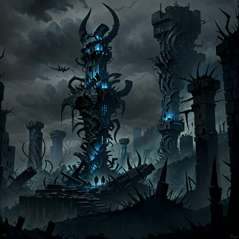 a painting of a city surrounded by horrible monuments and horror sculptures with thorns. the city is dark and gloomy, and there ...