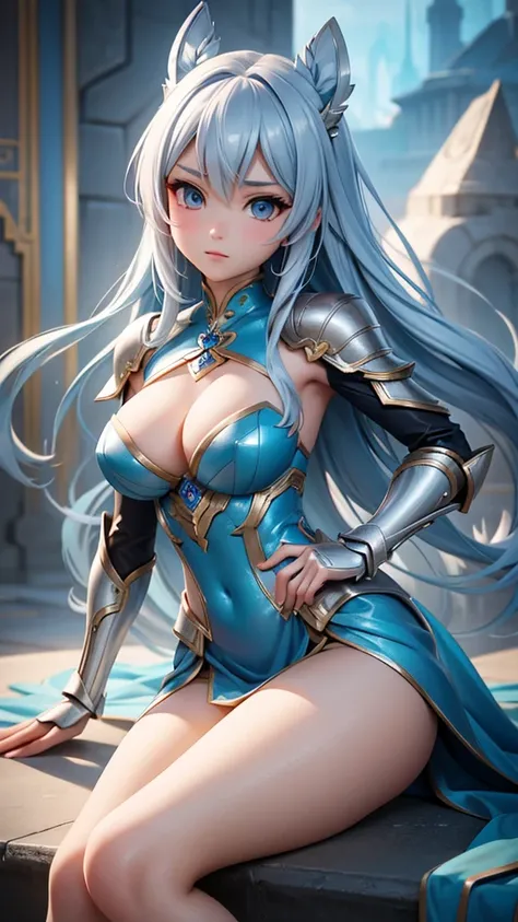 a close up of a woman in a silver and blue dress, chengwei pan on artstation, by Yang J, detailed fantasy art, stunning character art, fanart best artstation, epic exquisite character art, beautiful armor, extremely detailed artgerm, detailed digital anime...