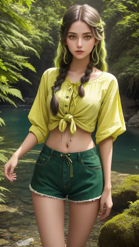 Teenage girl, old green braid, yellow eyes, gorgeous face, knotted shirt, shorts, skinny, pretty belly, slim legs, standing natural scenic spots, 30k, exquisite clothing details, high profile.