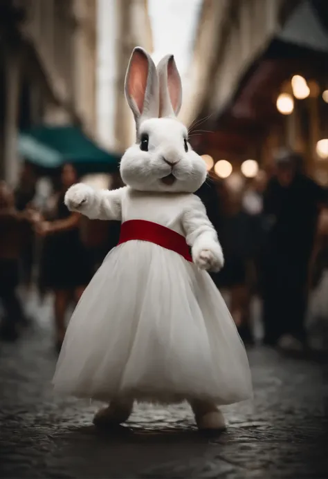 Un conejo blanco, vestido de comunista, bailando cumbia, teniendo en una mano el manifiesto comunista, en un fondo de una ciudad del siglo 19