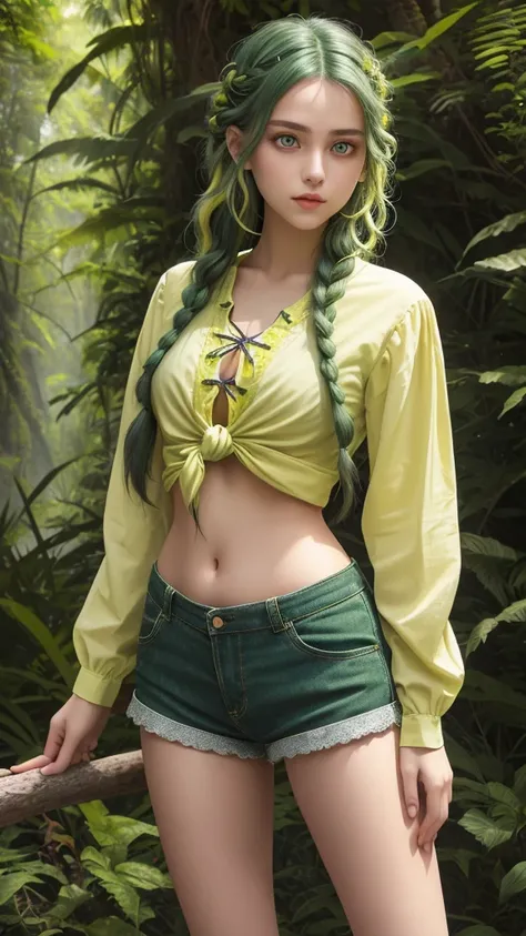 Teenage girl, old green braid, yellow eyes, gorgeous face, knotted shirt, shorts, skinny, pretty belly, slim legs, standing natural scenic spots, 30k, exquisite clothing details, high profile.