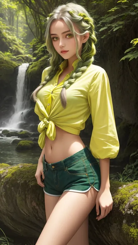 Teenage girl, old green braid, yellow eyes, gorgeous face, knotted shirt, shorts, skinny, pretty belly, slim legs, standing natural scenic spots, 30k, exquisite clothing details, high profile.