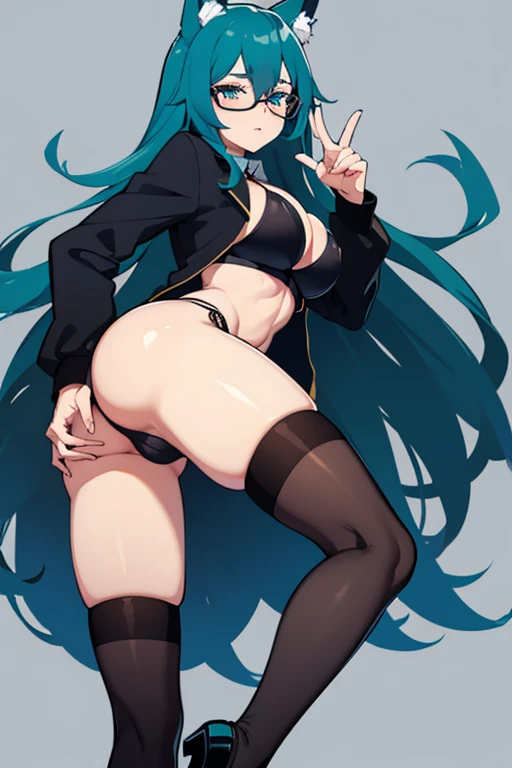 hot girl, beautiful long cyan hair, wearing glasses, cyan eyes, sexy black bikini, big but medium breasts,  a black jacket no panties and long black transparent socks, wolf ears, blush, showing her ass