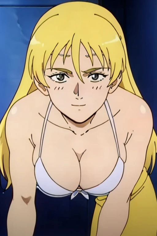 (masterpiece, best quality, high resolution, 2D, anime cels, megami magazine, 8K, Official art, sharp line), katejina loos, 1girl, light smile, blush, blonde long hair, headband, (large breasts:1.2), cleavage, (white bikini), (front viewer:1.5, upper body,...