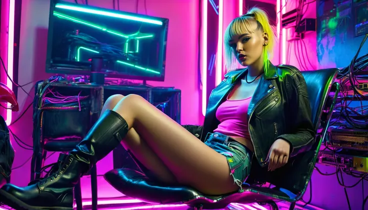 realistic, a futuristic cyberpunk hackerspace at night with many computer parts laying around, green and purple and yellow and pink neon and LED lights, a large dark red leather armchair standing in the middle of the room, on the chair sits a flat chested ...