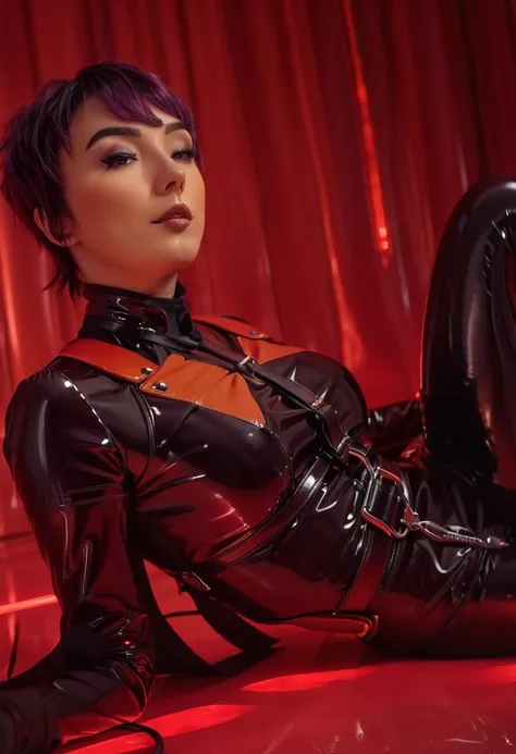 portrait of one beautiful sabine wren wearing a skimpy outfit, (cute face dutch lara), lying in tight latex catsuit,((bondage ha...