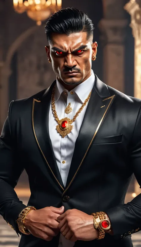 realistic (muscular man: 1.1) mafia boss, red glowing eyes, angry expression face, wearing an elaborate elegant black suite, portrait, short hair, jewelry wearing gold bracelets and gold chain necklace, in the castle, spot lighting, detailed background, de...