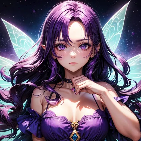 Fairy Woman, 25 years old, alas de hada grande de color violeta claro, Cabello largo de color morado oscuro, ojos de color negro, He has a serious expression on his face