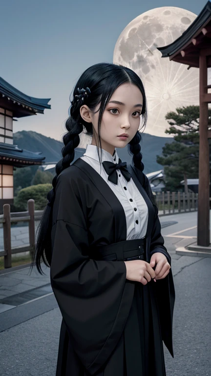 1woman, 25 years old, Japanese, Wednesday Addams, raven-black hair, twin braids, black clothes with white trim, giant full moon