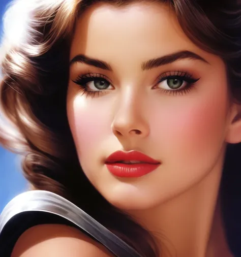 1970s,by Alberto Vargas,(Best quality, work of art), ultra-detailed and delicate portrait of a beautiful and timeless girl,noir woman, sultry eyes, closeup, style of Rolf Armstrong, light and shadow,charge of face,sexy face, beautifull nose, make different...