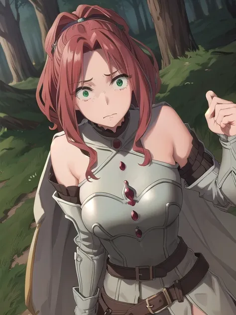 maltymelromarc, malty melromarc, long hair, (green eyes:1.3), red hair, (parted bangs:1.5), ponytail, SCARED EXPPRESSION, BREAK bare shoulders, belt, cape, armor, breastplate, BREAK outdoors, forest, mist, red eyes stalker betwen trees, BREAK (masterpiece:...