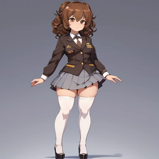 an anime style picture of the girl in the short skirt and white thigh high socks and high heels, 1girl, hazel eyes, brown curly hair, solo, gray blazer, gray skirt, white thigh high socks, black high heels, uniform, highly detailed face, perfect feet, port...