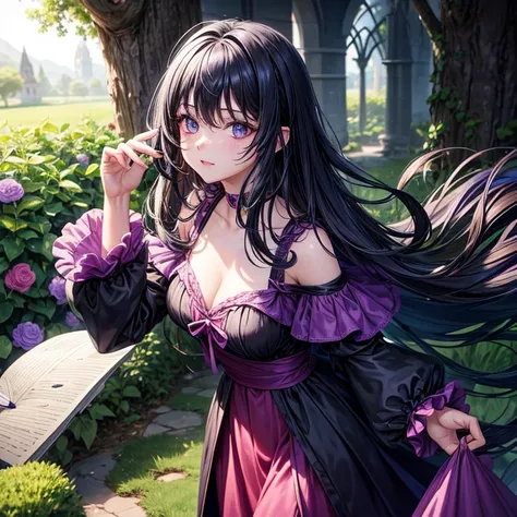 You can make a 25 year old fairy woman, su cabello es largo ondulado de color morado oscuro, his eyes are black look would be, lleva un vestido verde claro y sus alas son grandes y visibles de color violeta claro