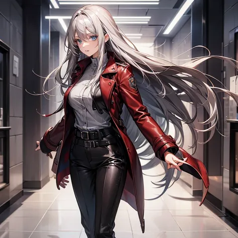 (mature woman１name), (gray hair, long hair:1.3), blue colored eyes, (medium breasts), (red leather long coat), belt, pants, office, masterpiece, high quality, 